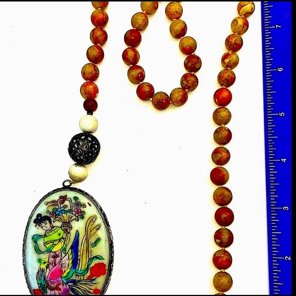 CHINESE JAPANESE GEISHA GIRL HANDMADE SILVER PICTURE JASPER BEAD NECKLACE VINTAG - Picture 4 of 6